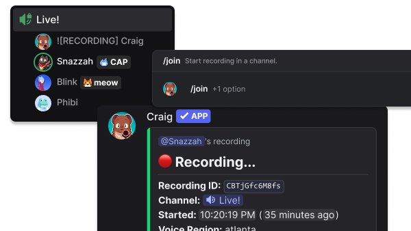 Voice channel, recording panel, and /join command